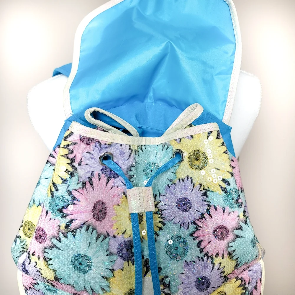 Justice Colorful Daisy Pattern Sequin Backpack -Brand New
